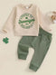 Boys' Cotton Suit Apricot Top with Print Round Neck Sweatshirt Long Sleeve Green Pocket Pants Two Piece Set TS6404B